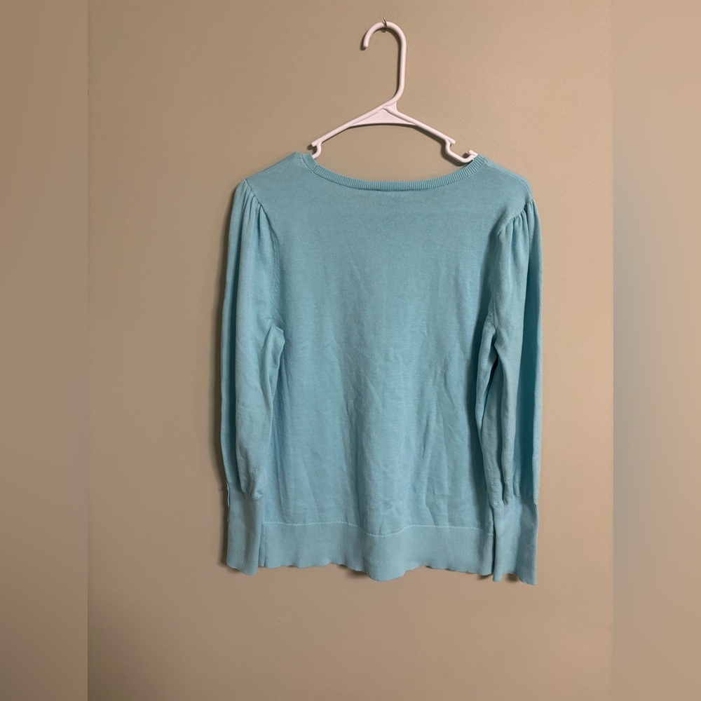 Talbots Size Medium Aqua Button Cuff Sweater Crew… - image 2